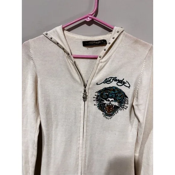 Ed Hardy by Christian Audigier White Women’s Zipped Hoodie Dress Tiger - Picture 2 of 8